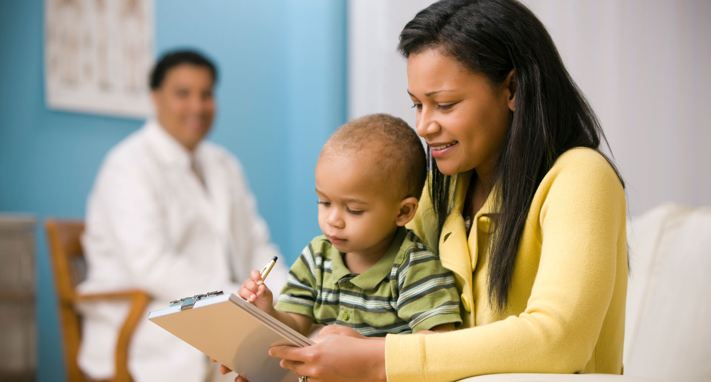 mom with infant in waiting room of doctors office