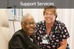 Image of a patient and a nurse discussing support services