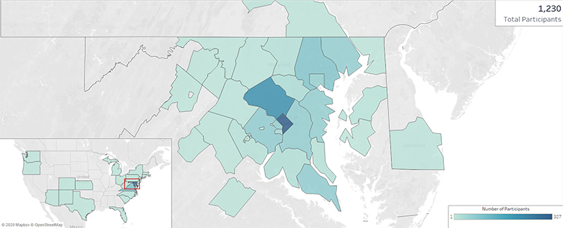 map of Maryland area showing the number of participants in study