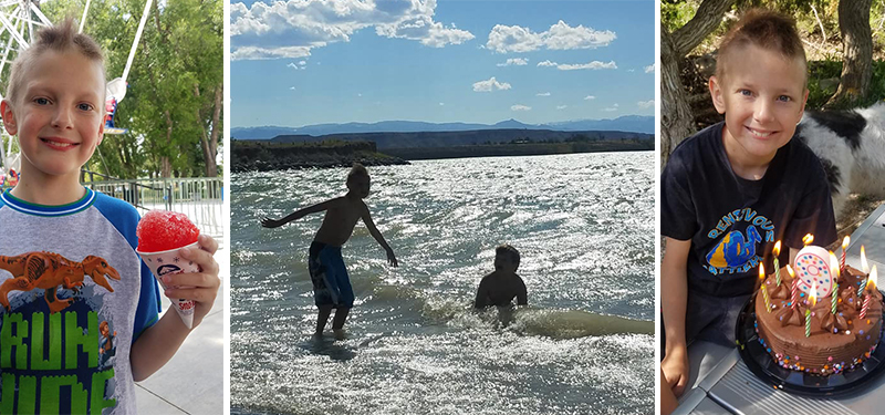 Triton enjoying life after his transplant. Left to right: Triton eating a snow cone, Triton with his little brother at the beach, and Triton celebrating his 9th birthday